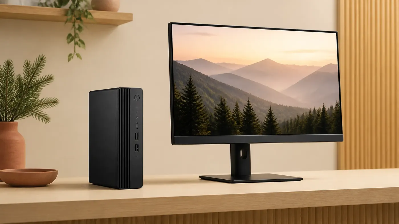 Compact Dell desktop computer beside a monitor on a tidy wood counter