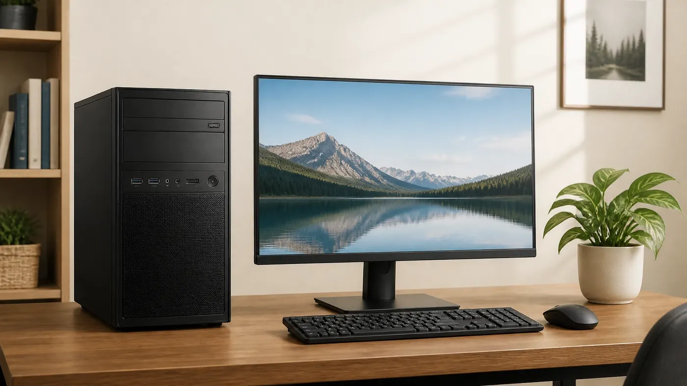 Black Dell desktop tower and monitor on a neat home office desk