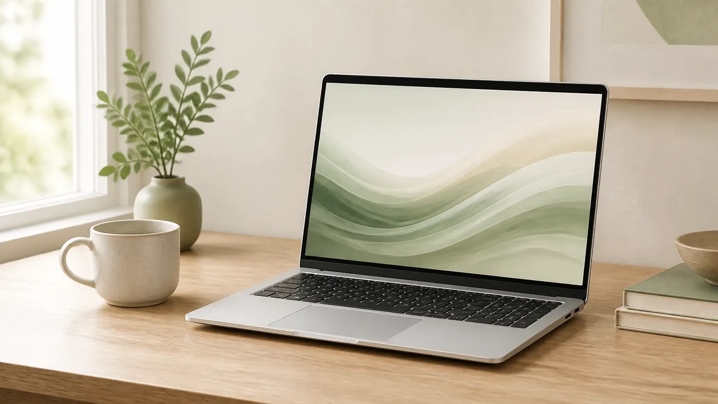 Silver Lenovo laptop open on a tidy home office desk